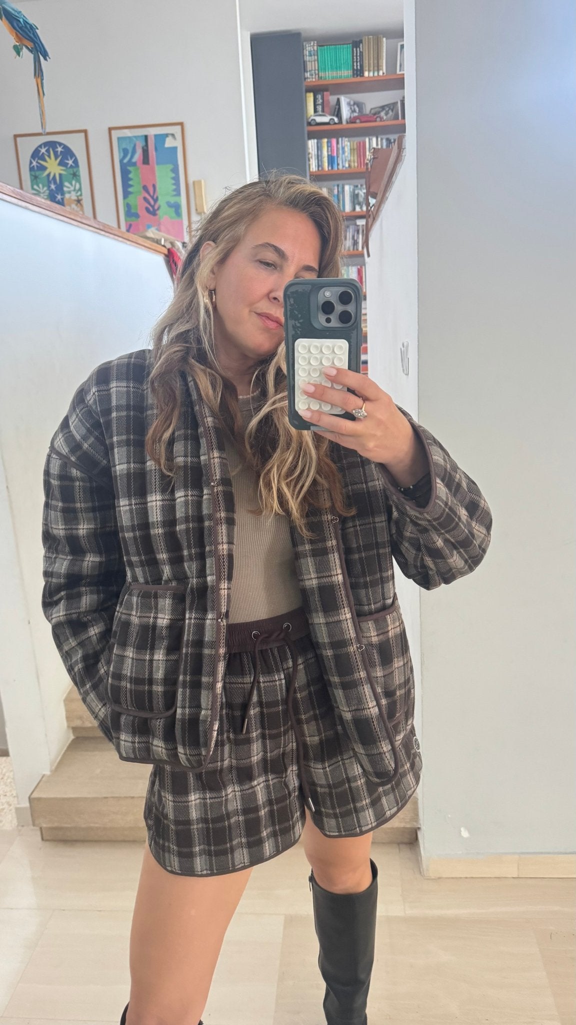 Brown Plaid Quilted Jacket - knit set - BiliBlond Swimwear