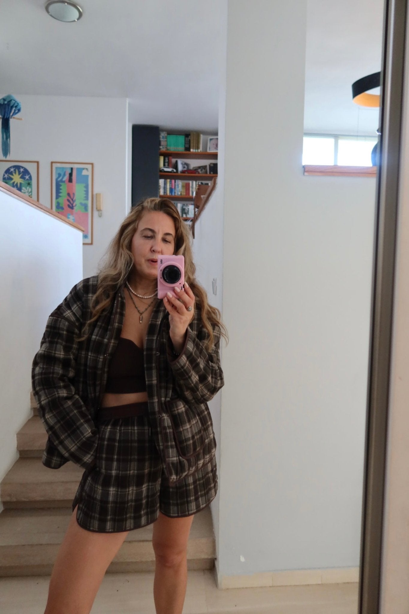 Brown Plaid Quilted Jacket - knit set - BiliBlond Swimwear