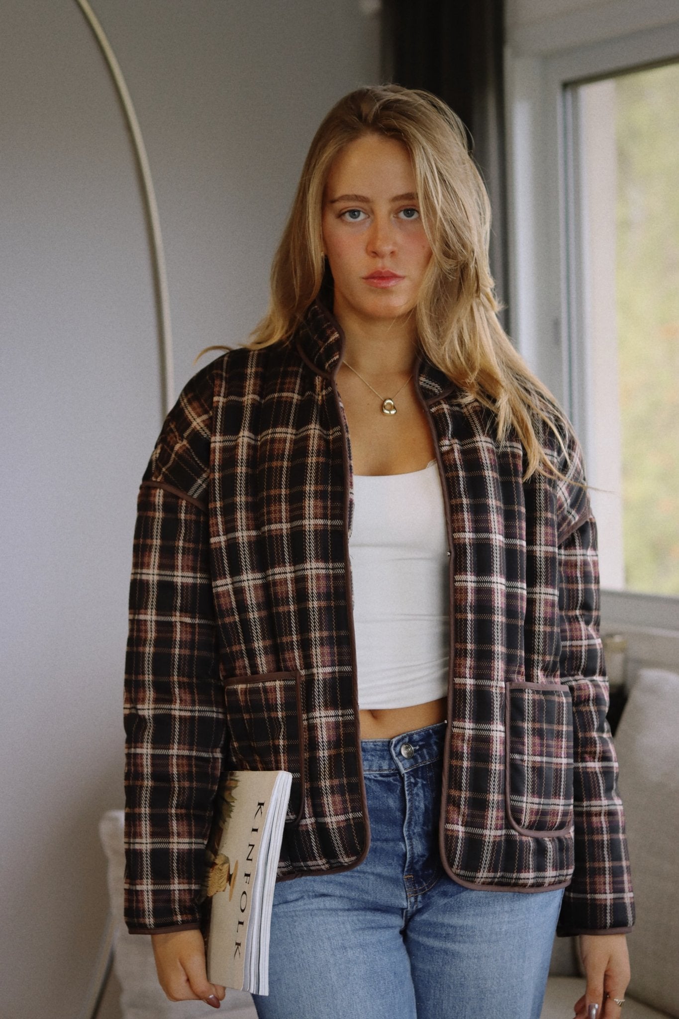 Dark Red Plaid Quilted Jacket - knit set - BiliBlond Swimwear