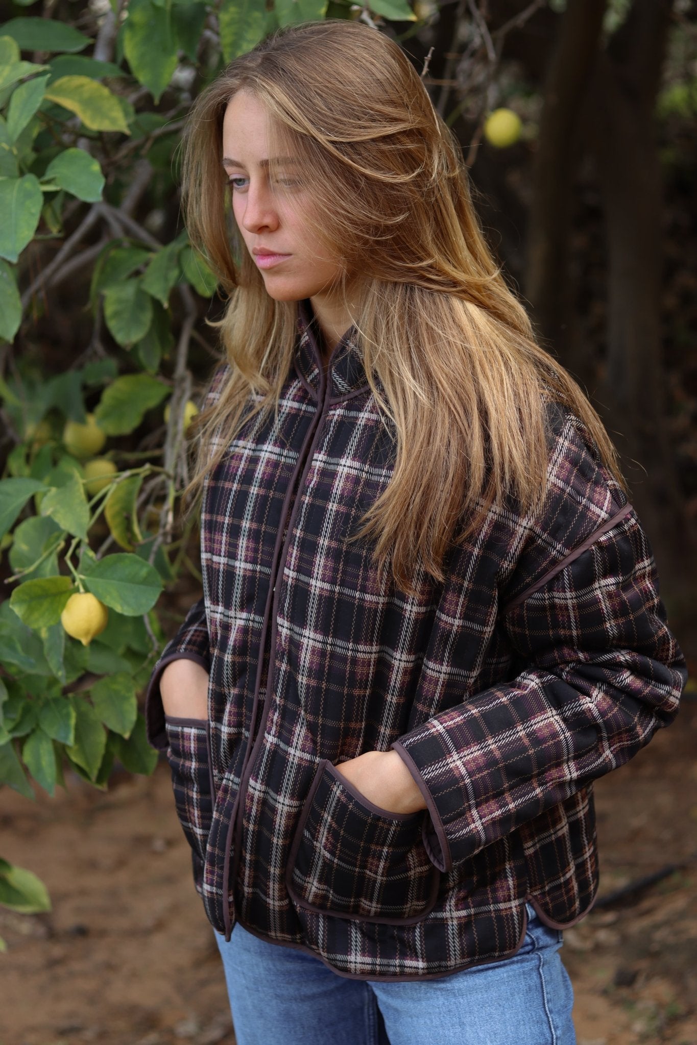 Dark Red Plaid Quilted Jacket - knit set - BiliBlond Swimwear