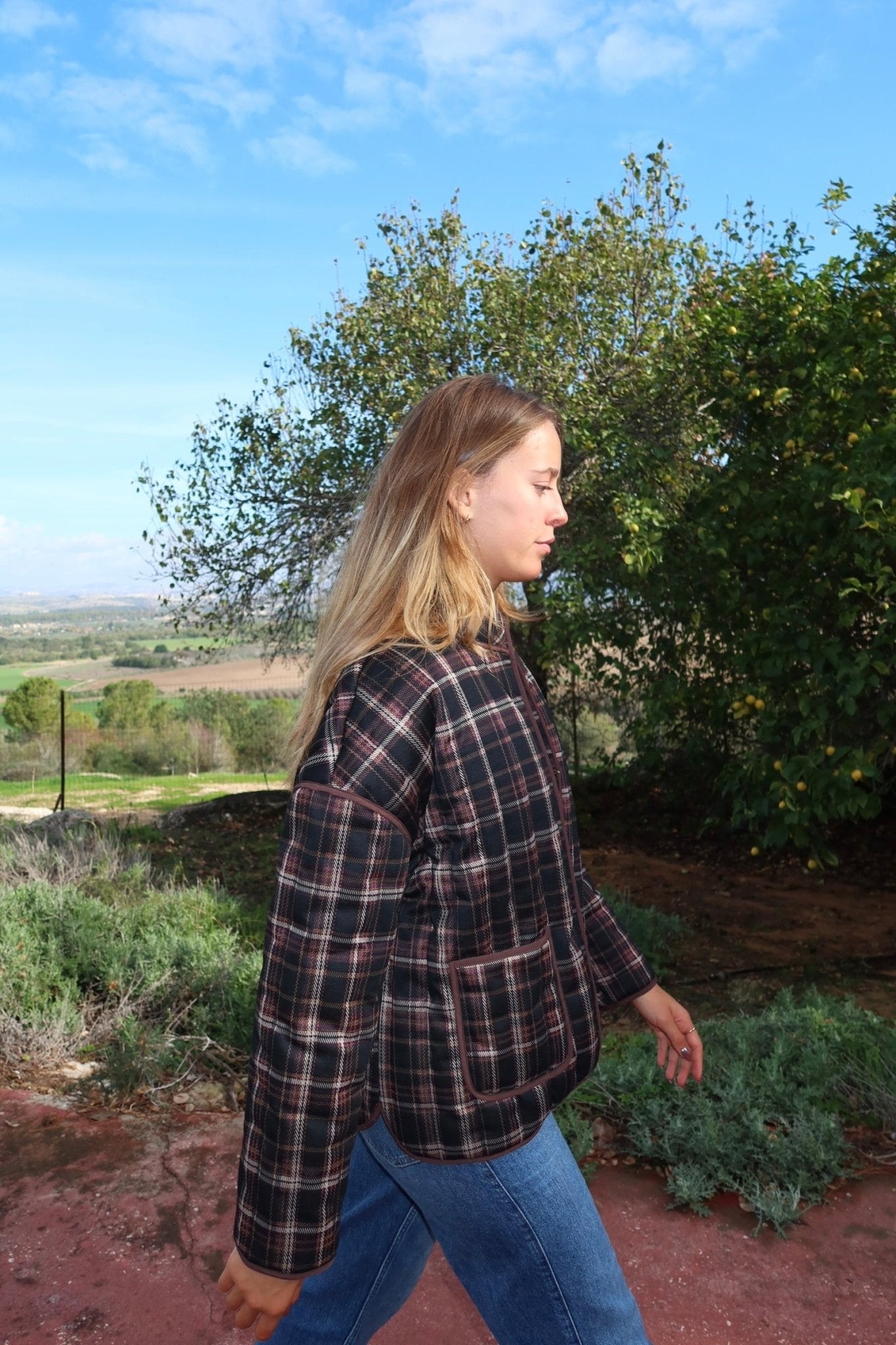 Dark Red Plaid Quilted Jacket - knit set - BiliBlond Swimwear