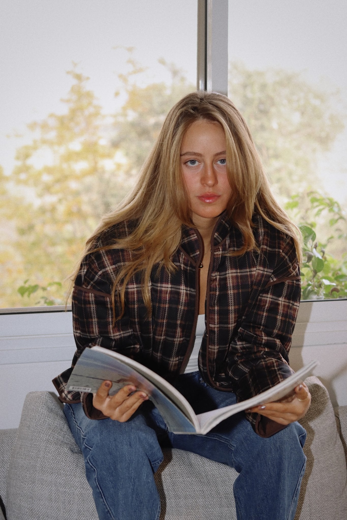 Dark Red Plaid Quilted Jacket - knit set - BiliBlond Swimwear