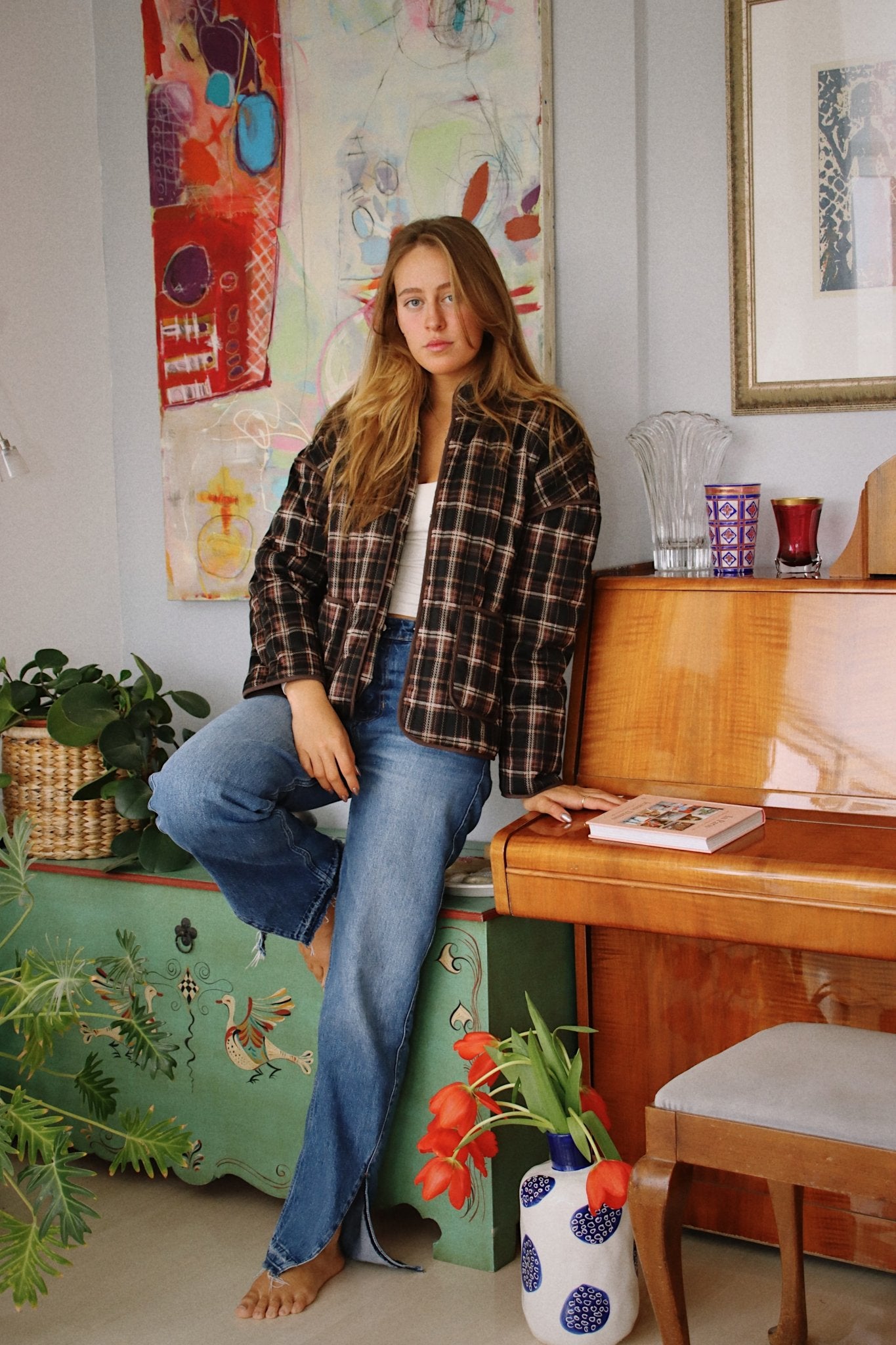 Dark Red Plaid Quilted Jacket - knit set - BiliBlond Swimwear