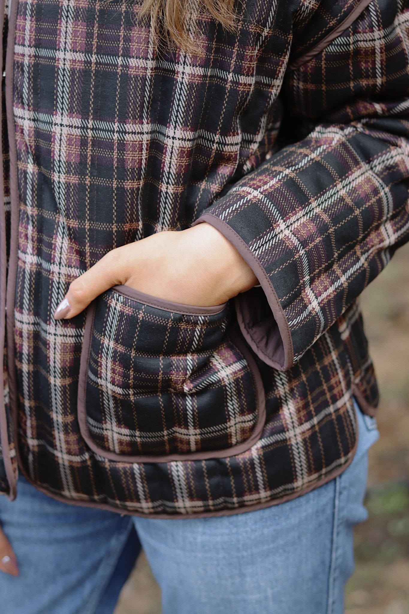 Dark Red Plaid Quilted Jacket - knit set - BiliBlond Swimwear