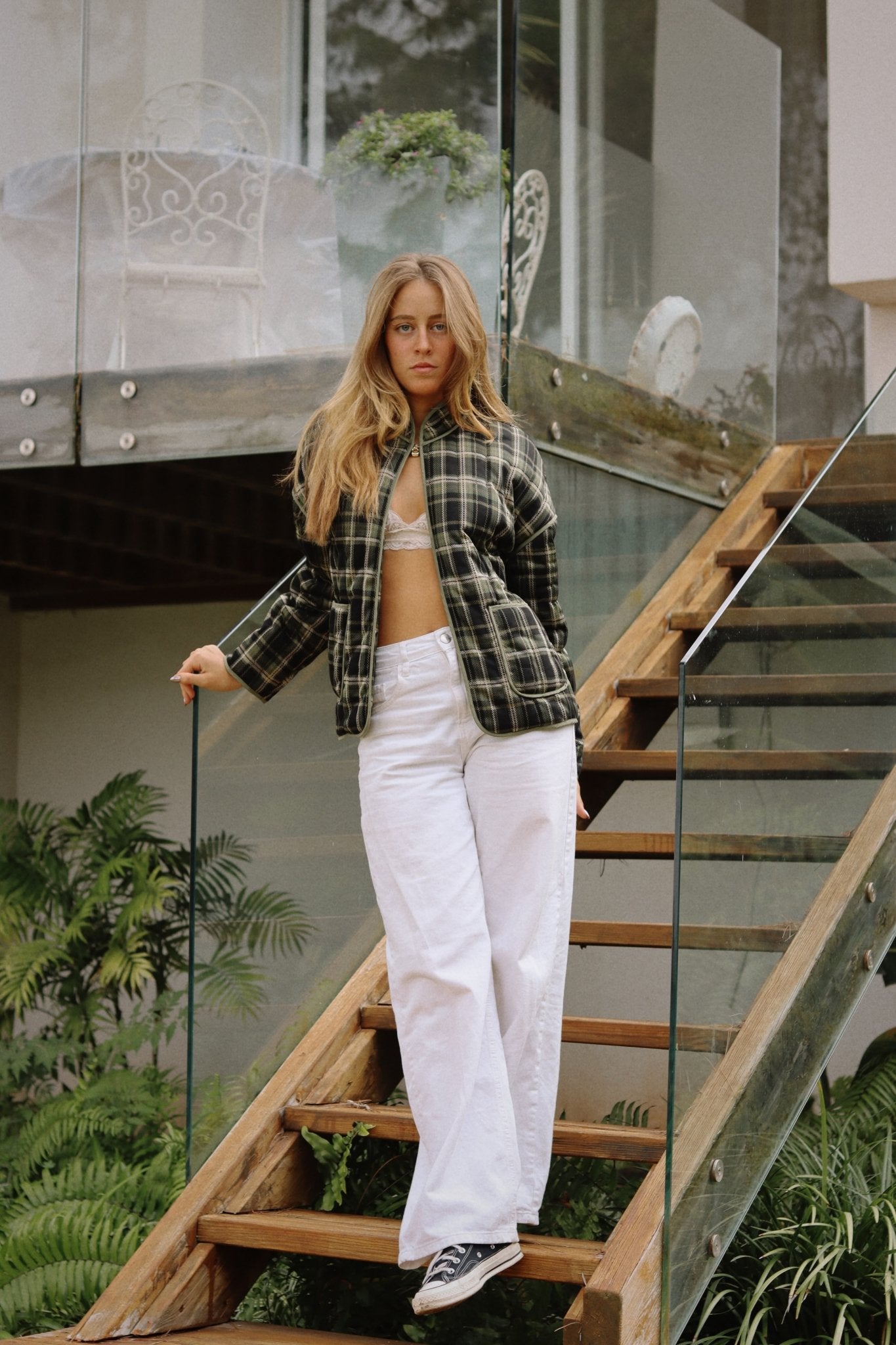 Green Plaid Quilted Jacket - knit set - BiliBlond Swimwear