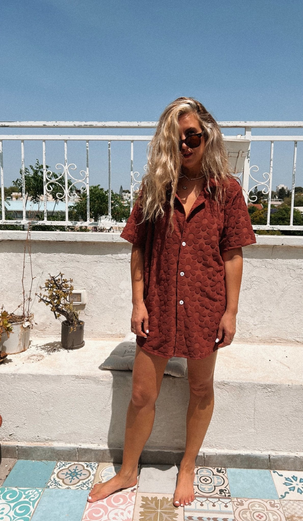 Brown Flowers Terry Shirt - jewelry -BiliBlond Swimwear