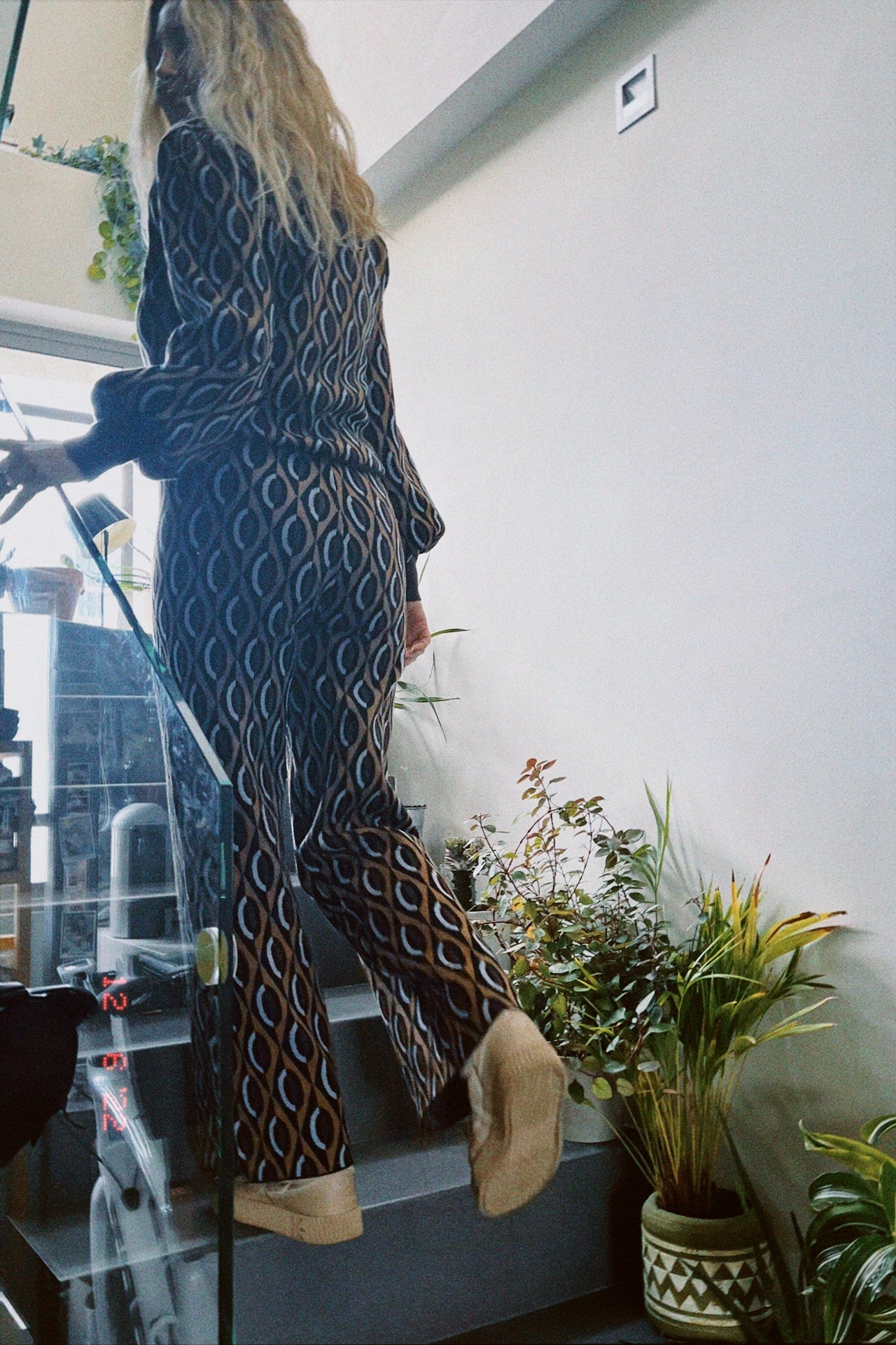 KNITTED SUIT 70s Brown light blue pattern - knit set -BiliBlond Swimwear