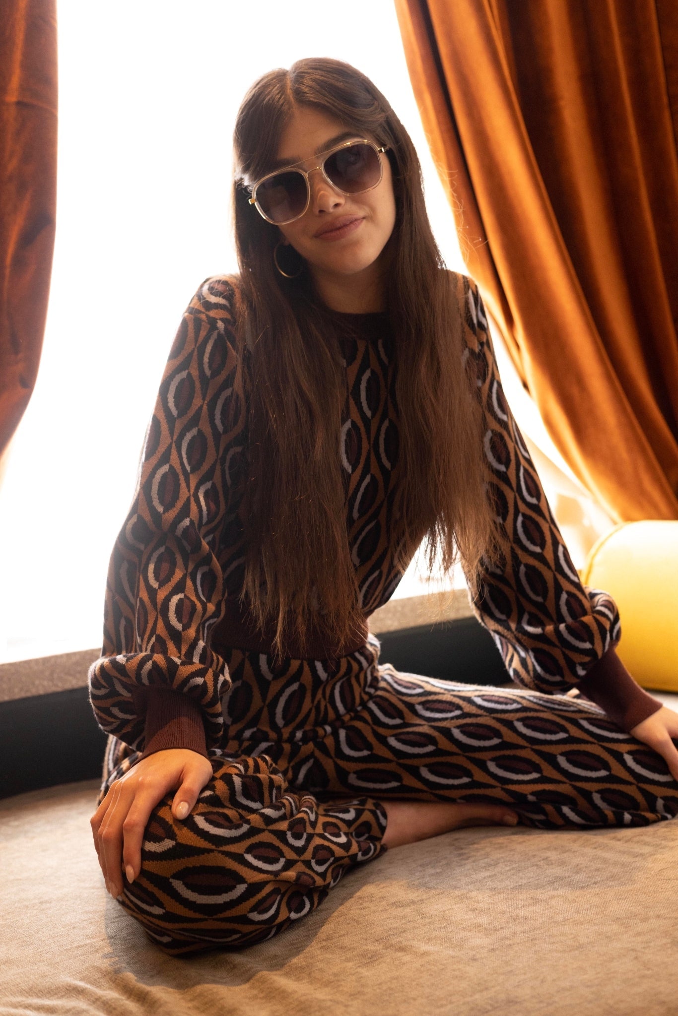 KNITTED SUIT 70s Brown light blue pattern - knit set -BiliBlond Swimwear