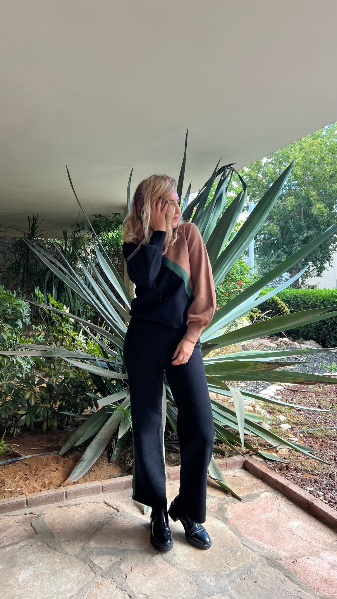 KNITTED SUIT GREEN Stripe Black - knit set -BiliBlond Swimwear