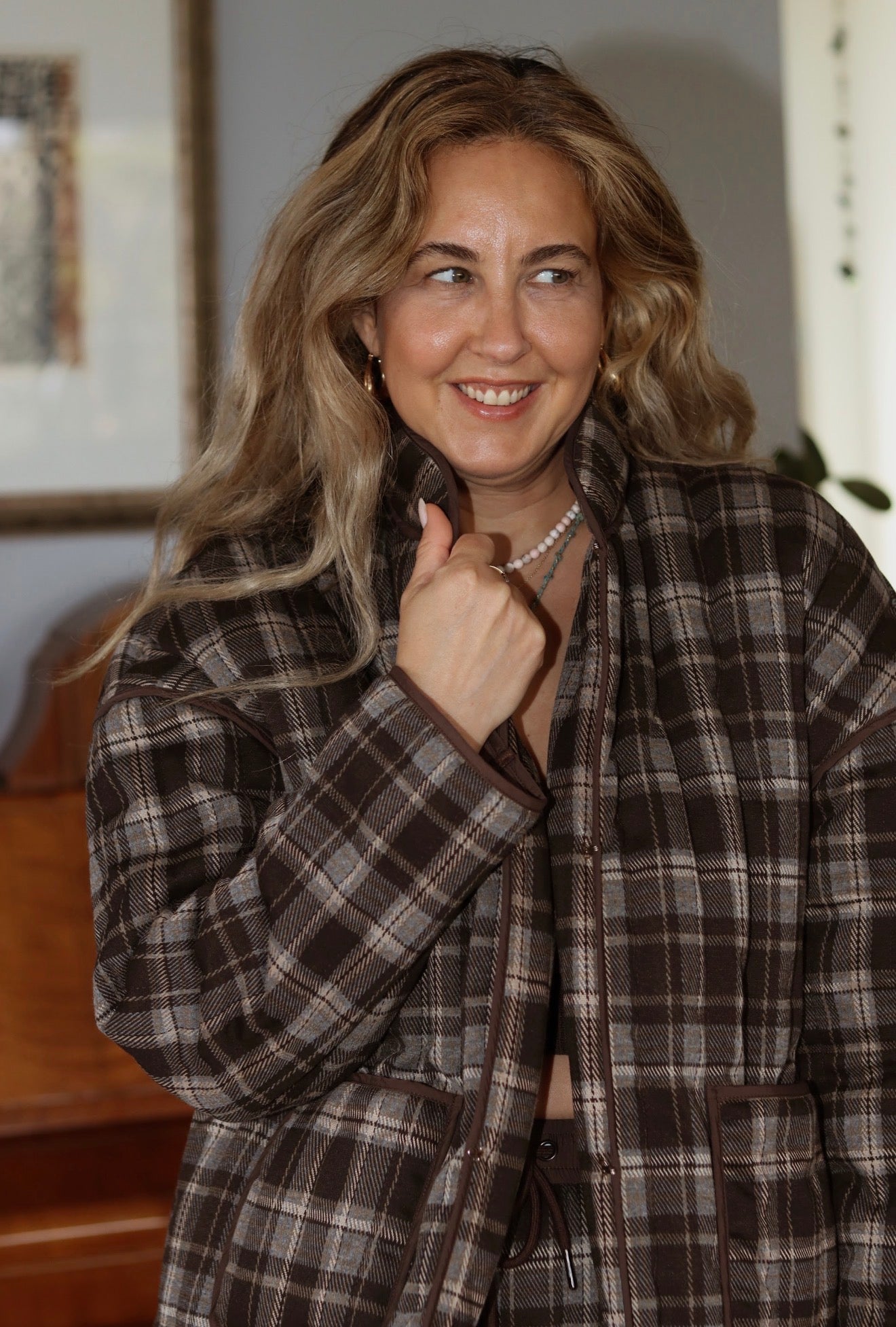 Brown Plaid Quilted Jacket - knit set - BiliBlond Swimwear