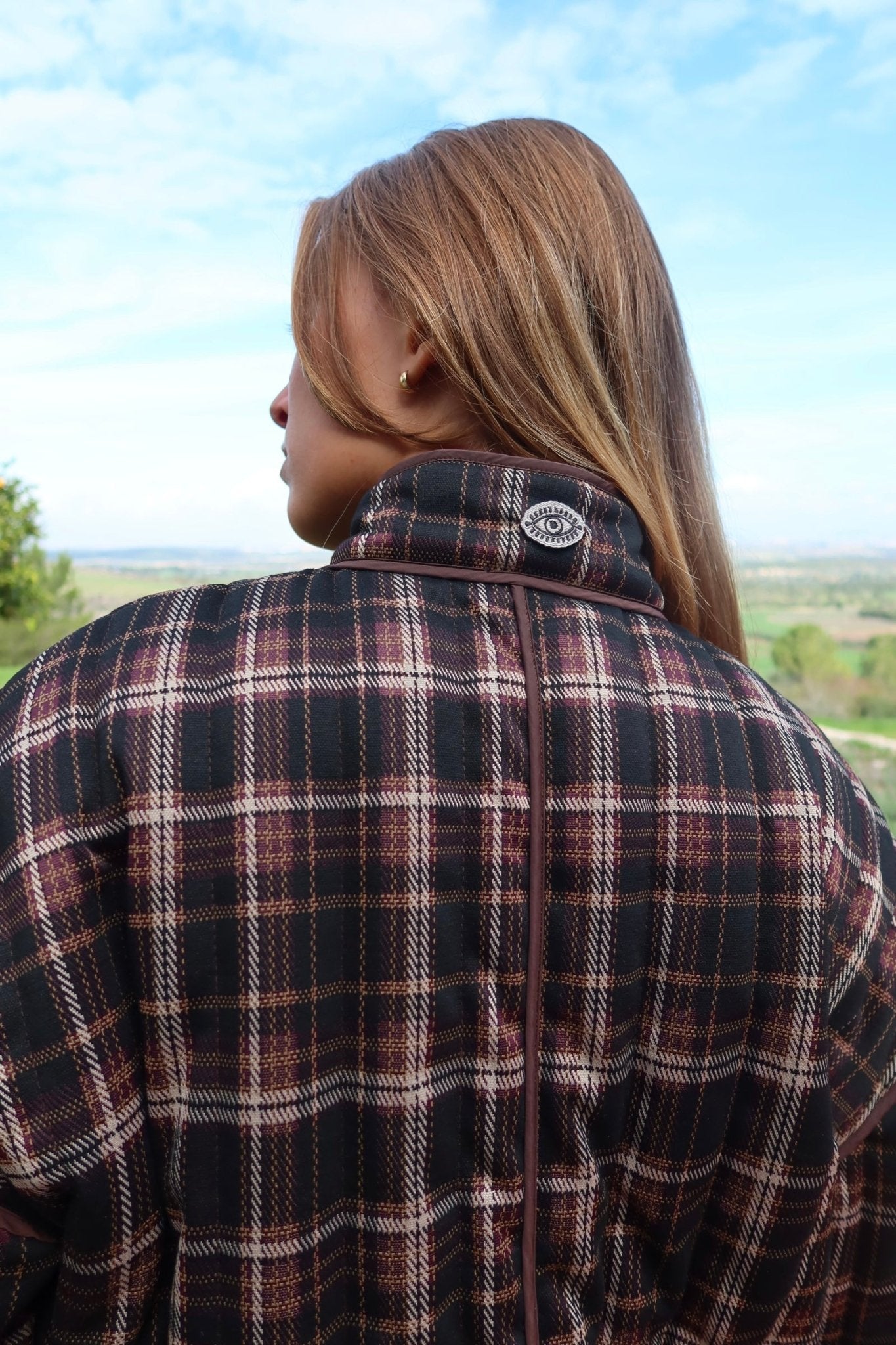 Dark Red Plaid Quilted Jacket - knit set - BiliBlond Swimwear