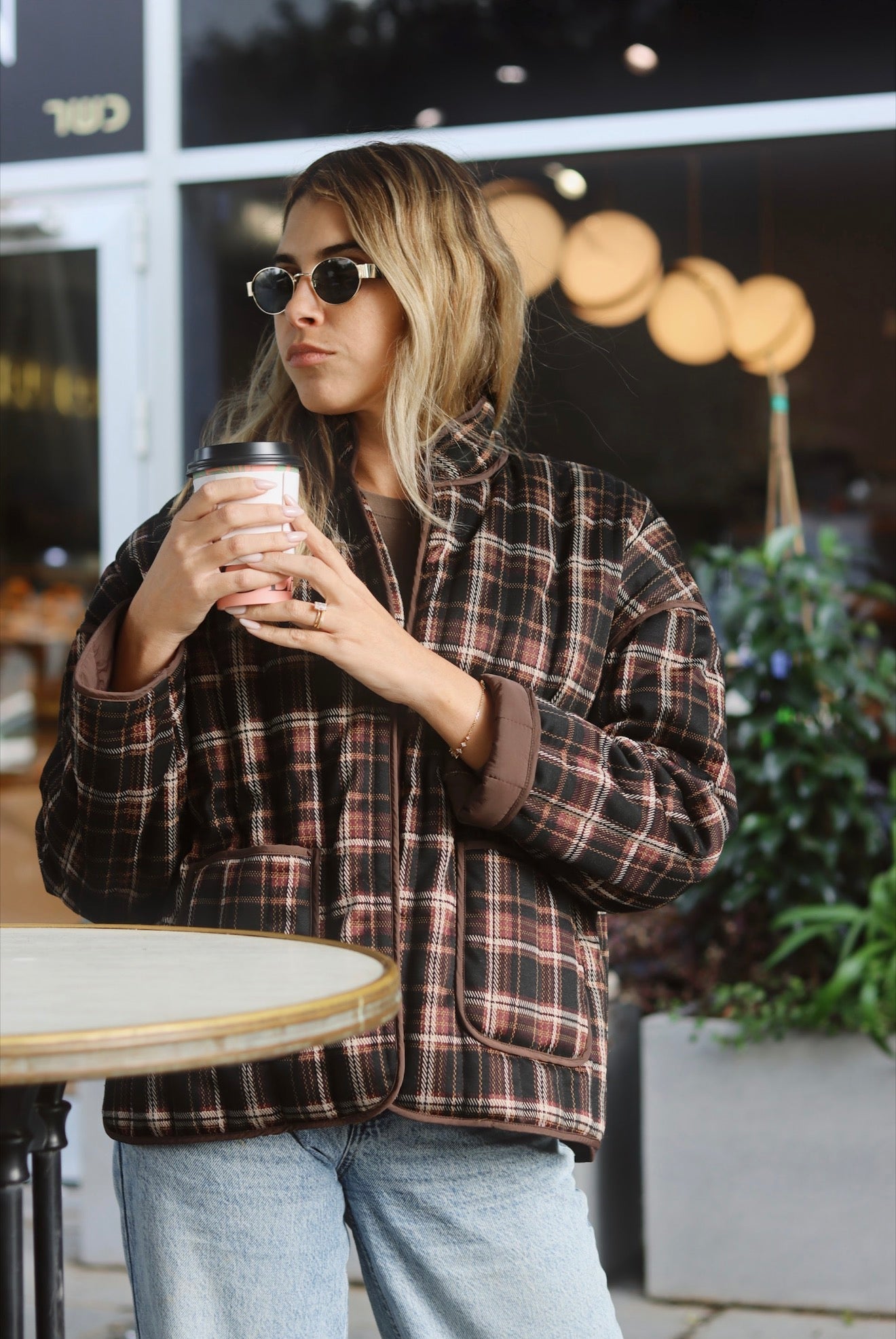 Dark Red Plaid Quilted Jacket - knit set - BiliBlond Swimwear