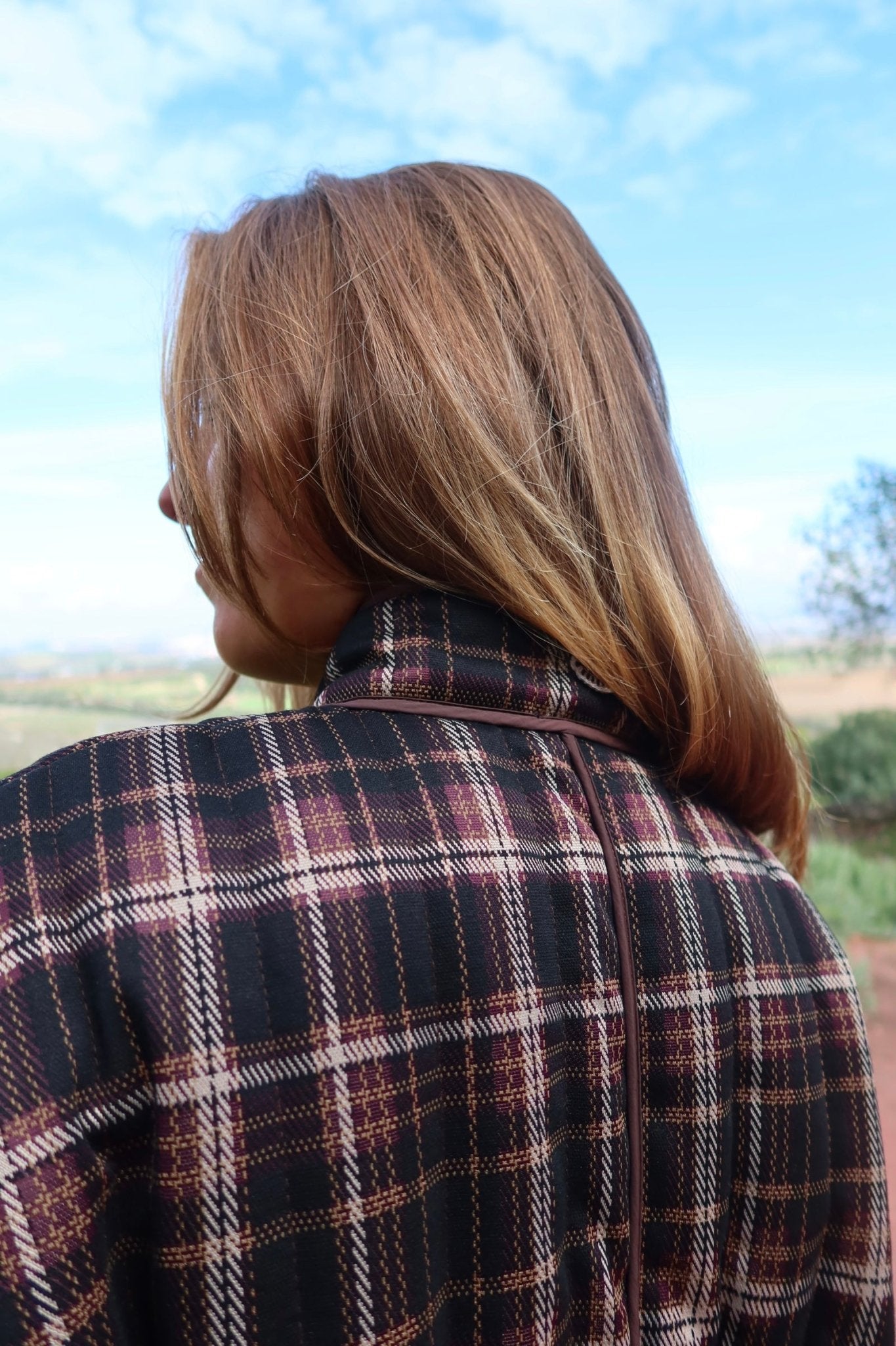 Dark Red Plaid Quilted Jacket - knit set - BiliBlond Swimwear