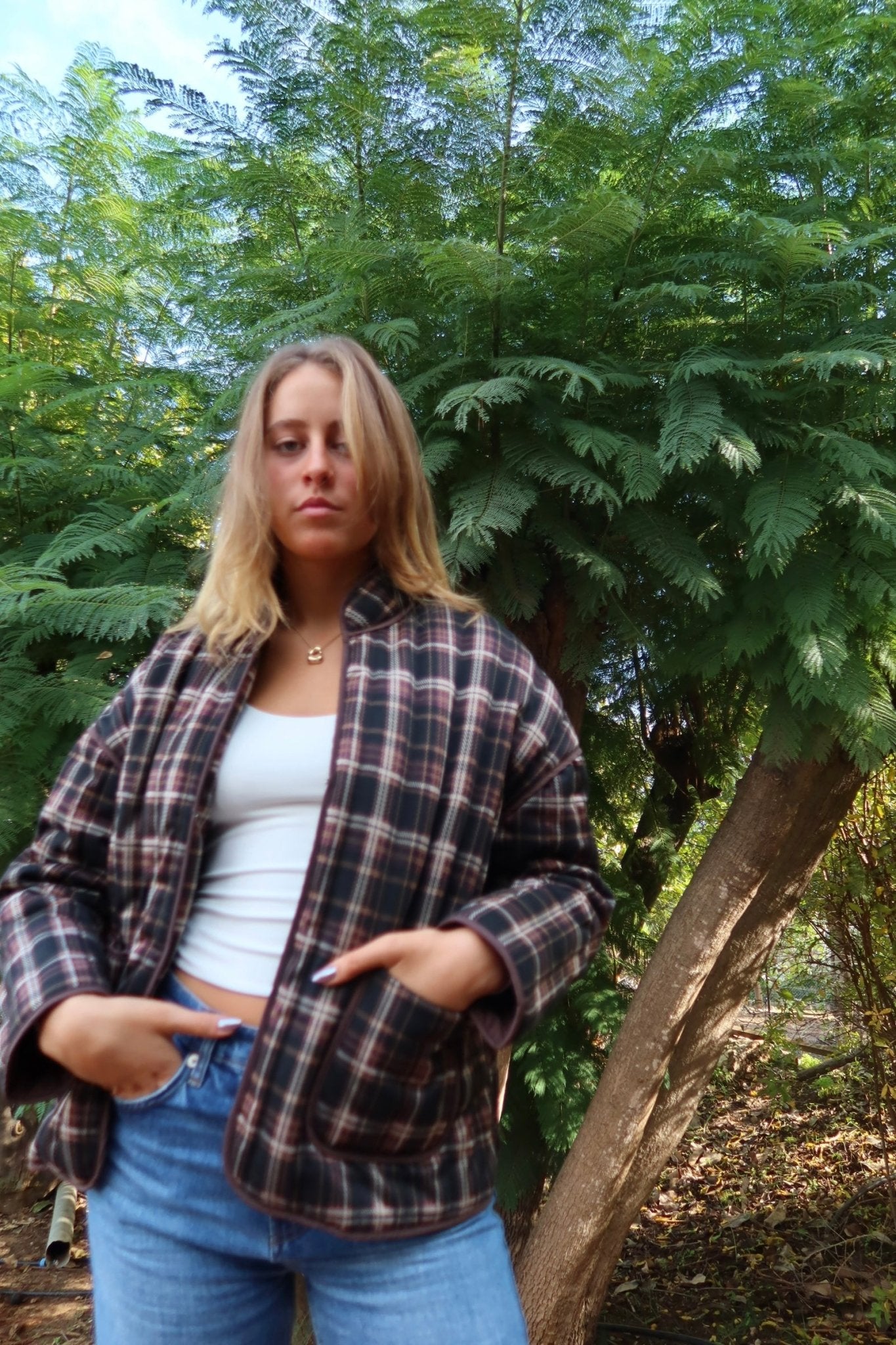 Dark Red Plaid Quilted Jacket - knit set - BiliBlond Swimwear