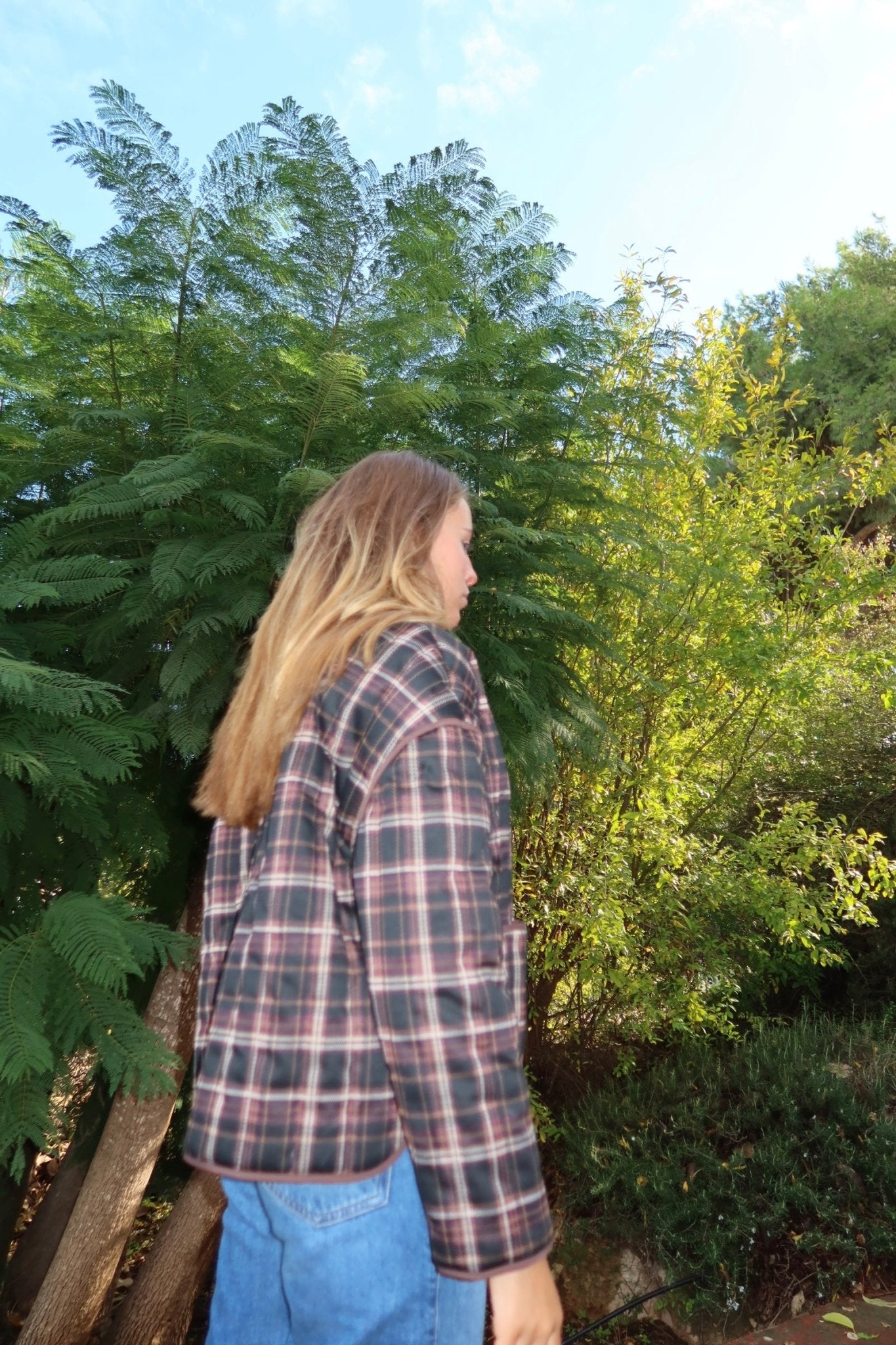 Dark Red Plaid Quilted Jacket - knit set - BiliBlond Swimwear