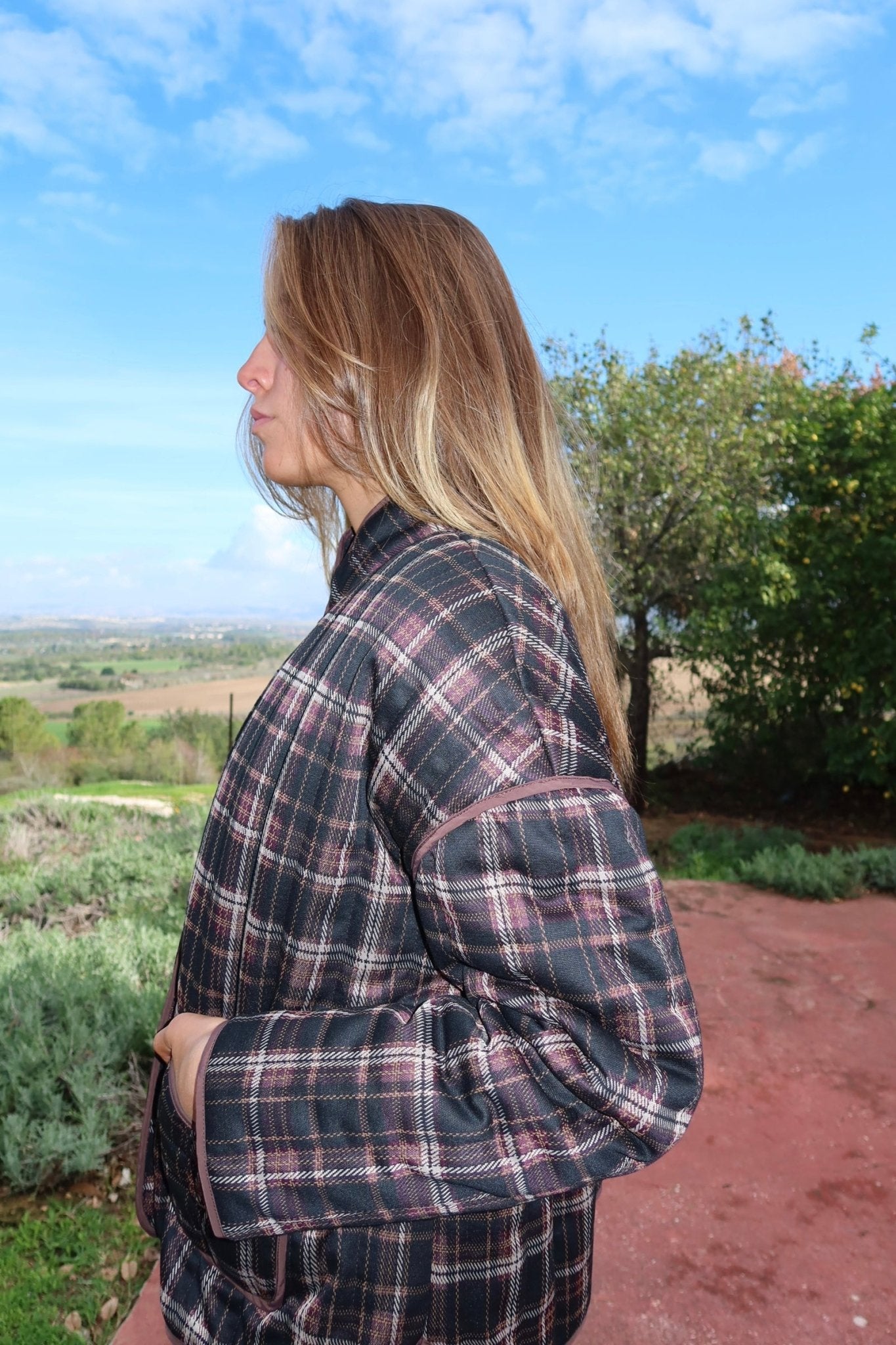 Dark Red Plaid Quilted Jacket - knit set - BiliBlond Swimwear