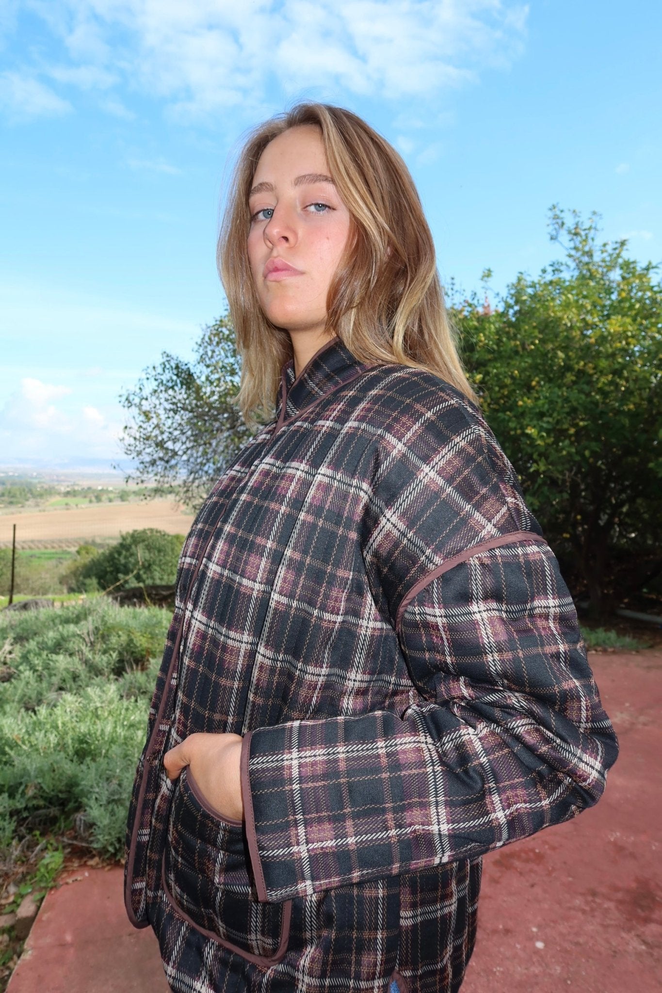 Dark Red Plaid Quilted Jacket - knit set - BiliBlond Swimwear