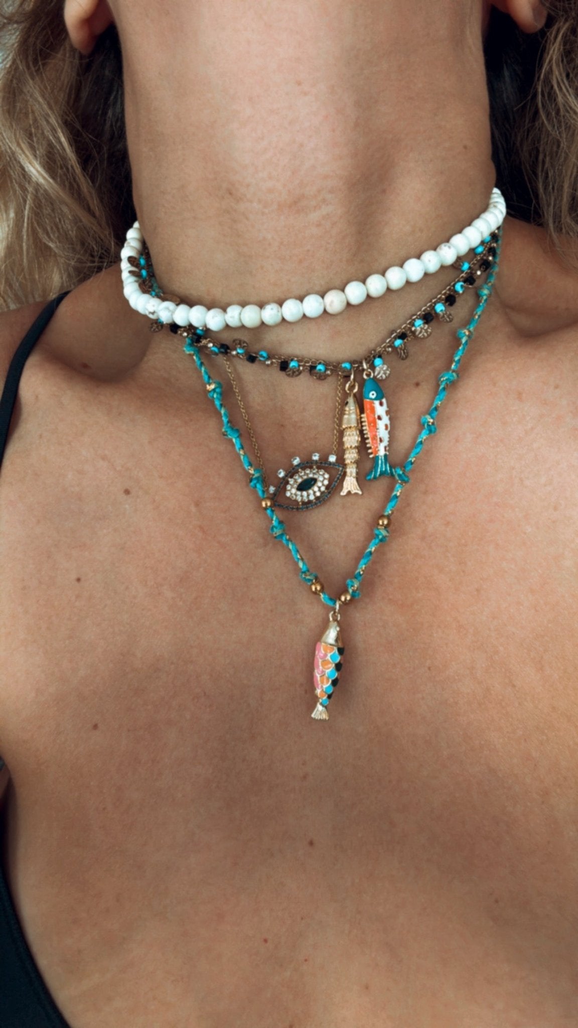 Gold colorful Fish Necklace with strings - jewelry - BiliBlond Swimwear