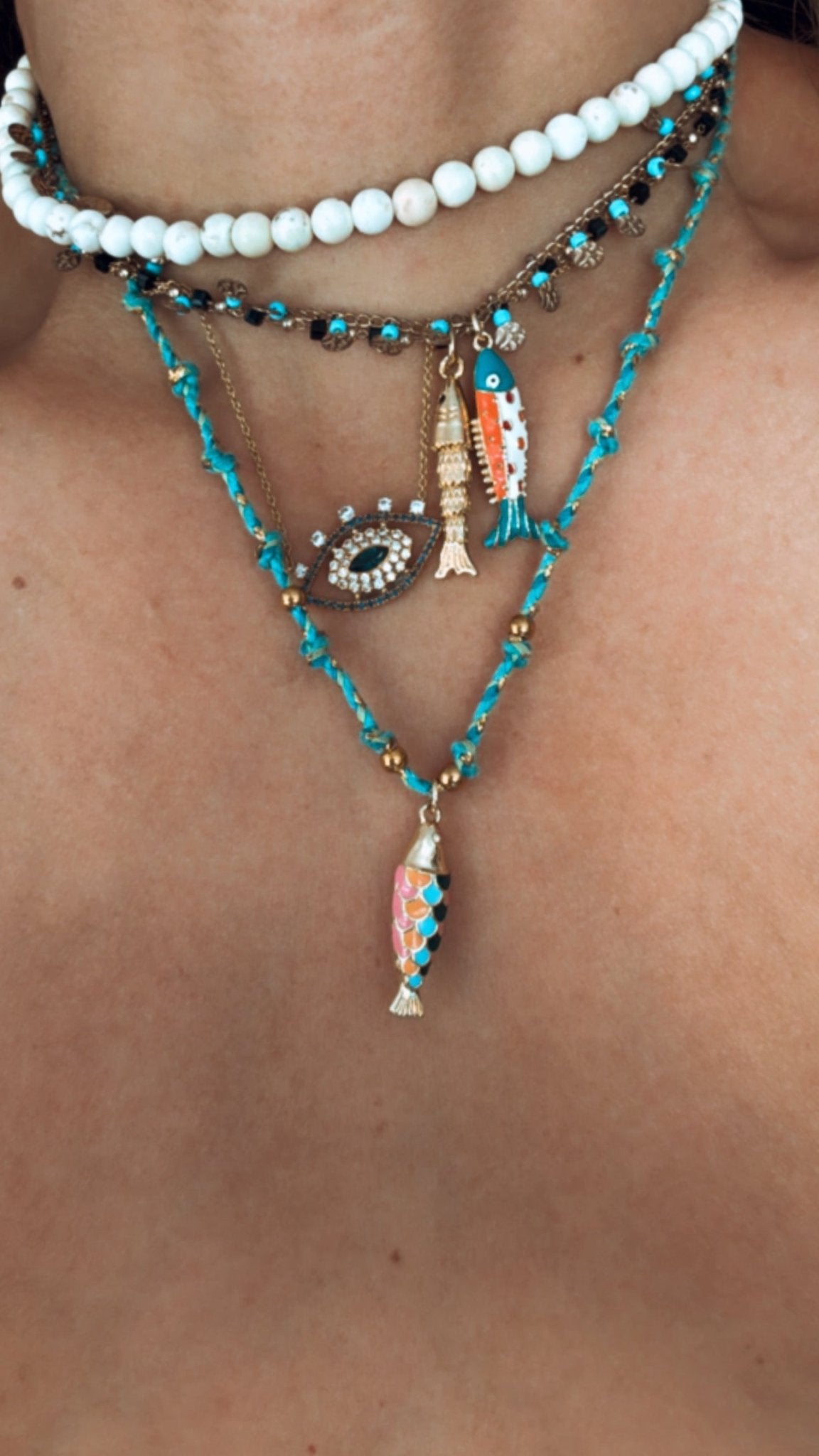 Gold colorful Fish Necklace with strings - jewelry - BiliBlond Swimwear