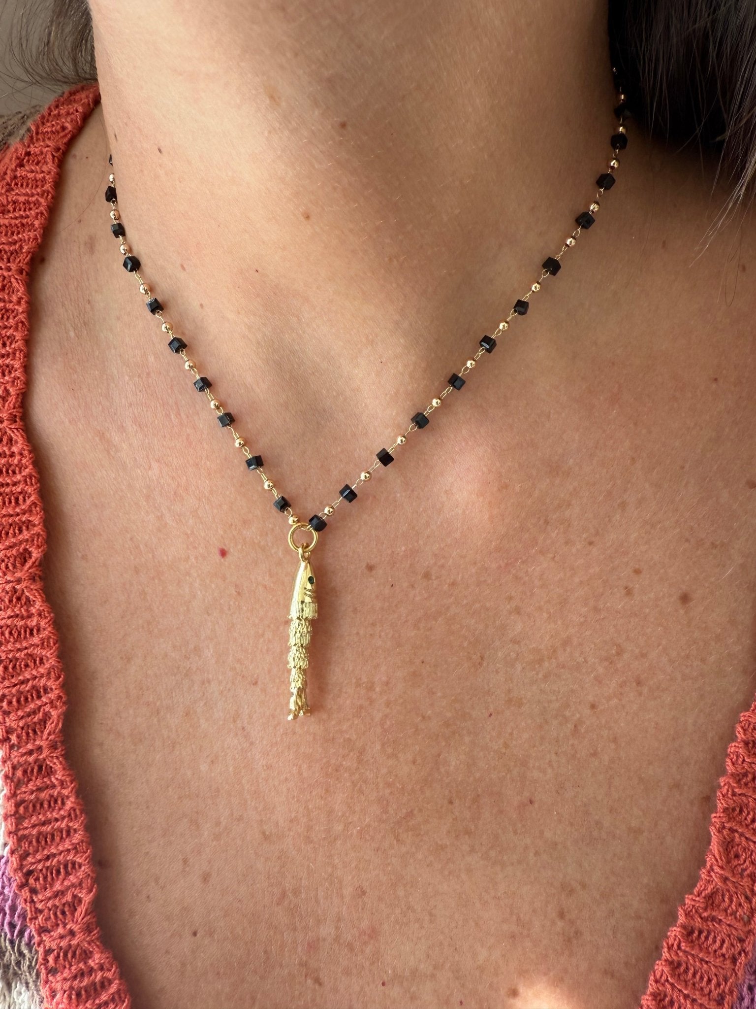Gold Fish Necklace Black - jewelry - BiliBlond Swimwear