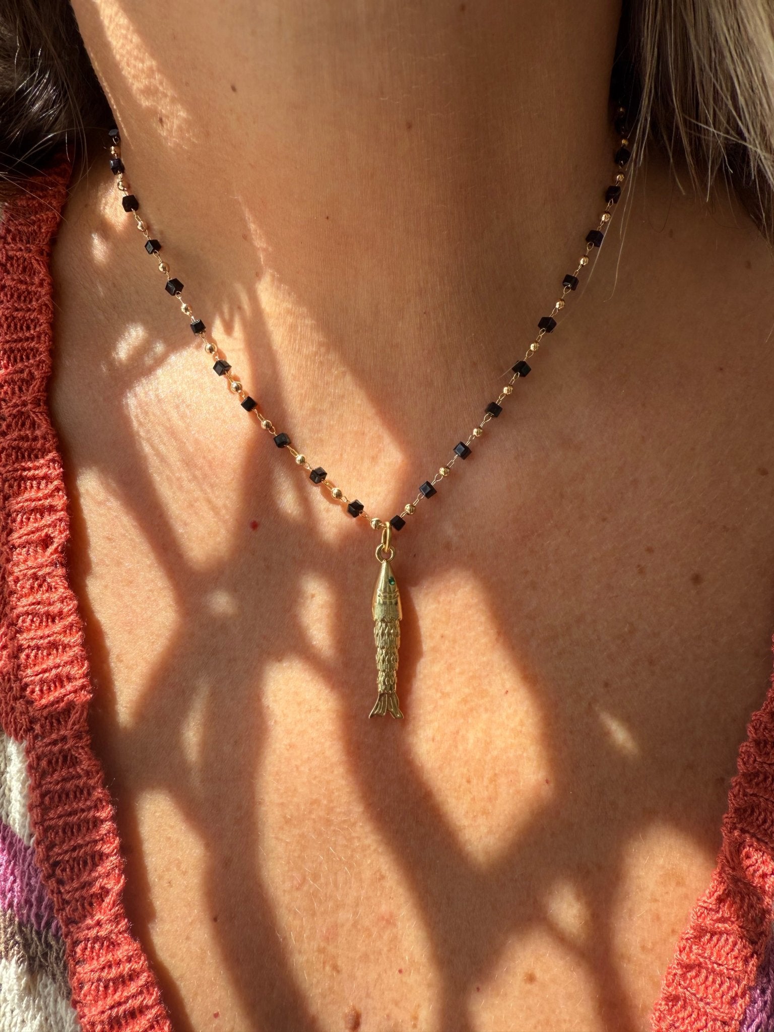 Gold Fish Necklace Black - jewelry - BiliBlond Swimwear