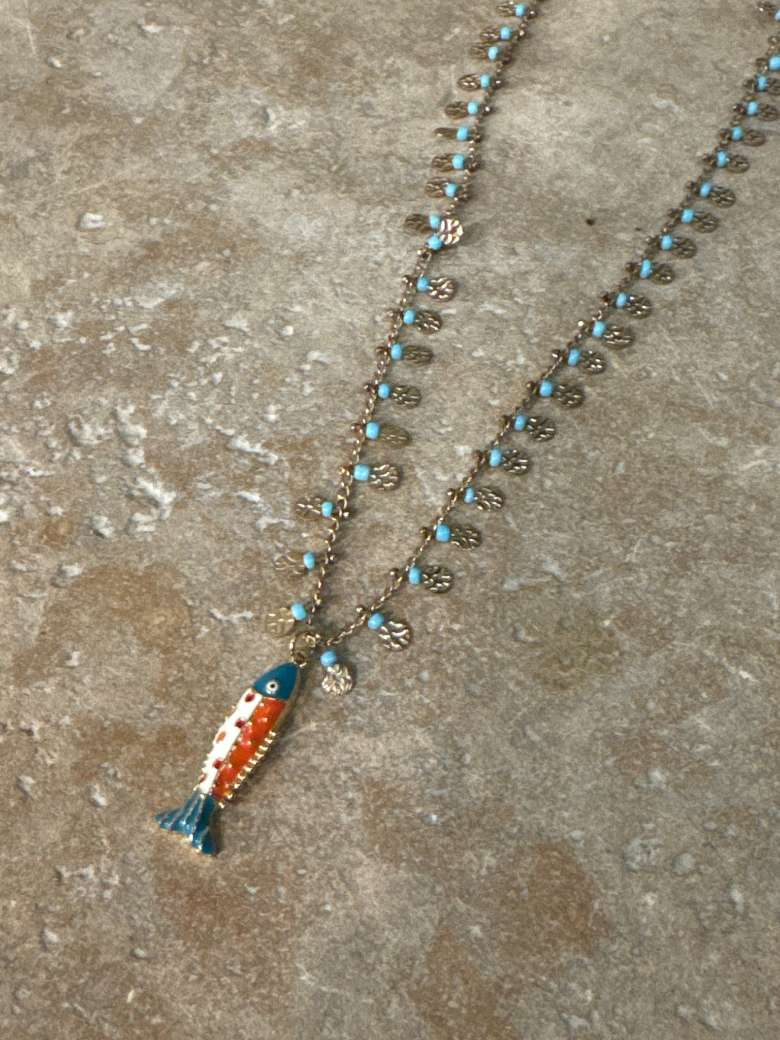 Gold Fish Necklace Turquoise - jewelry - BiliBlond Swimwear