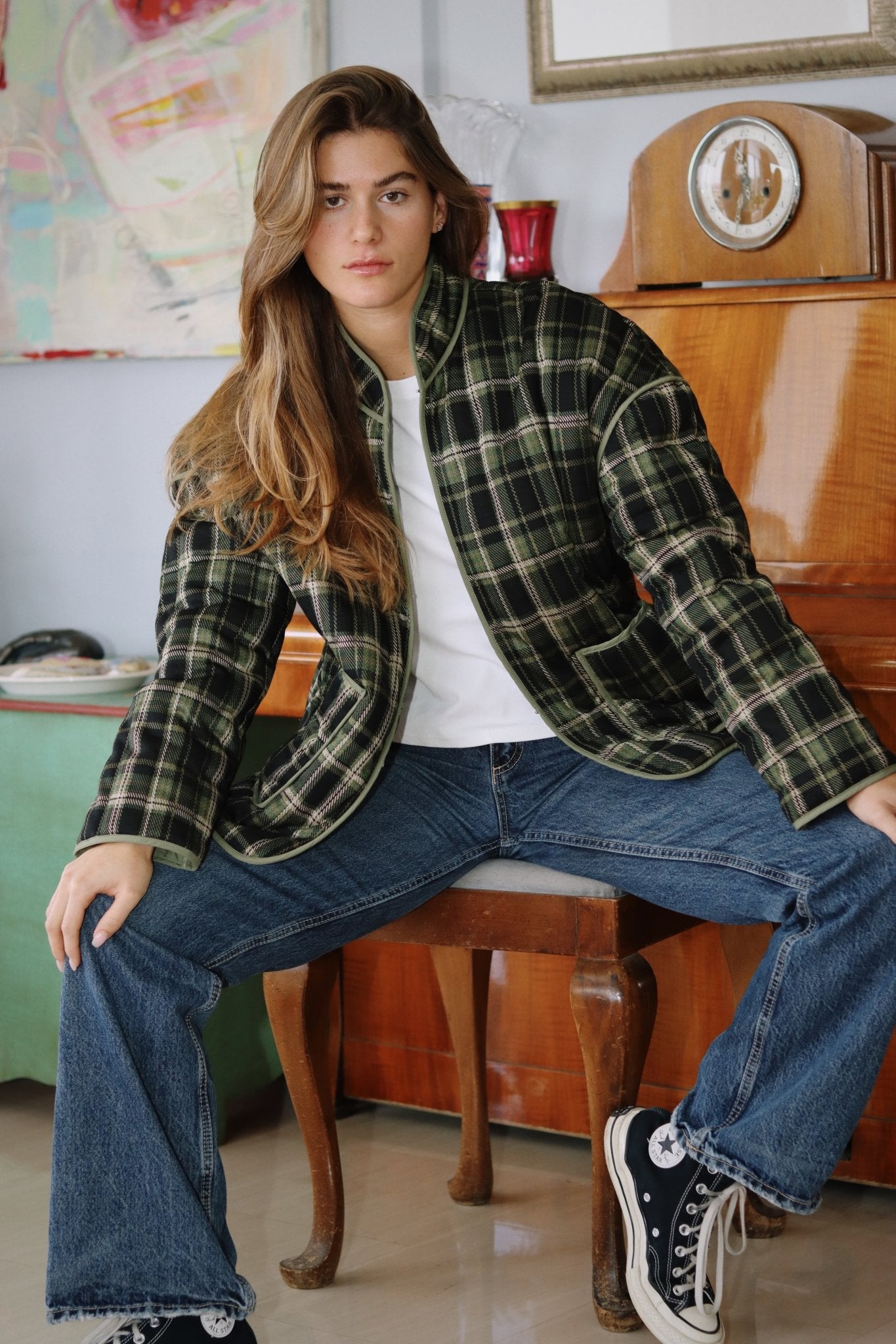 Green Plaid Quilted Jacket - knit set - BiliBlond Swimwear