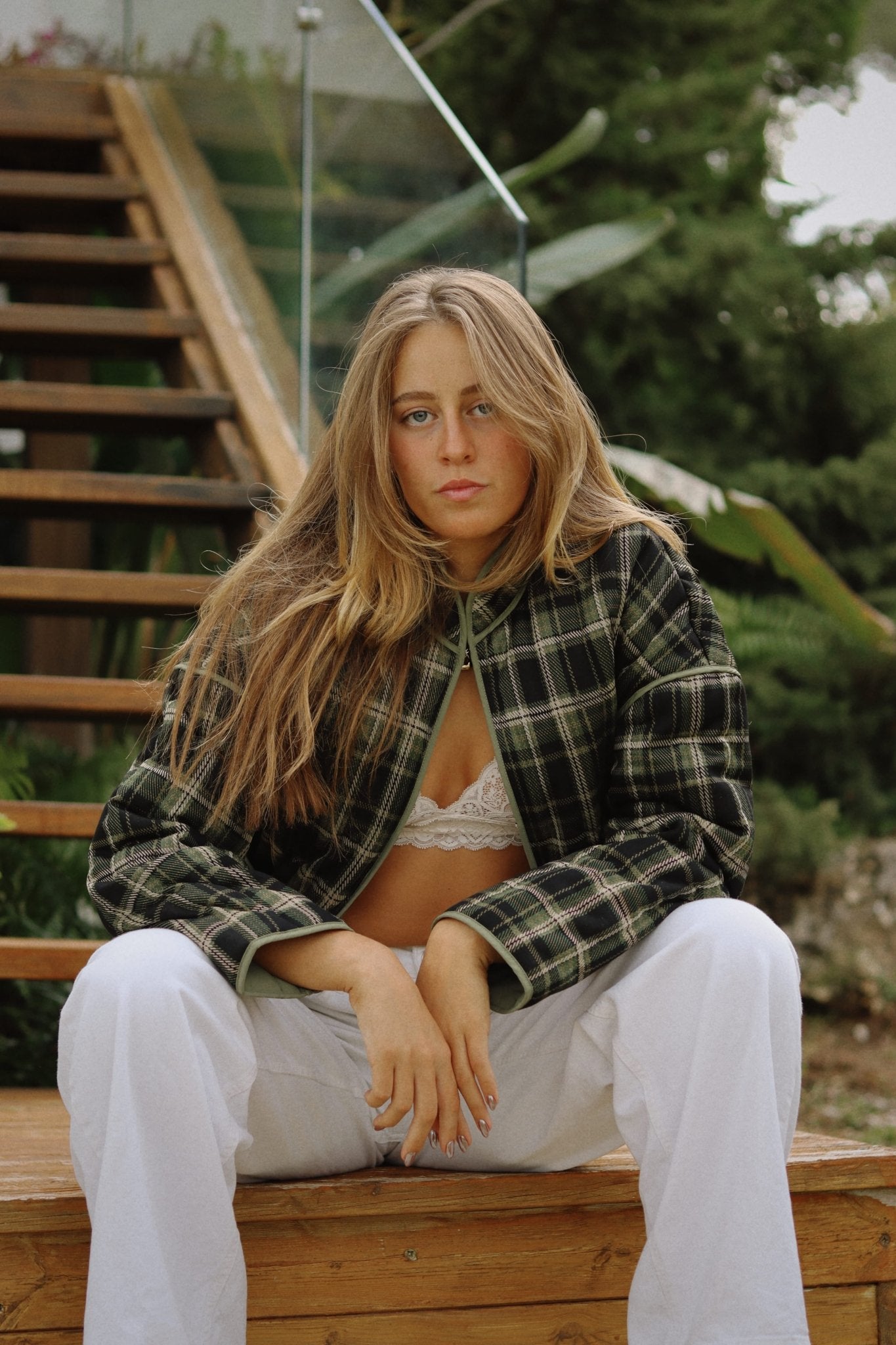 Green Plaid Quilted Jacket - knit set - BiliBlond Swimwear